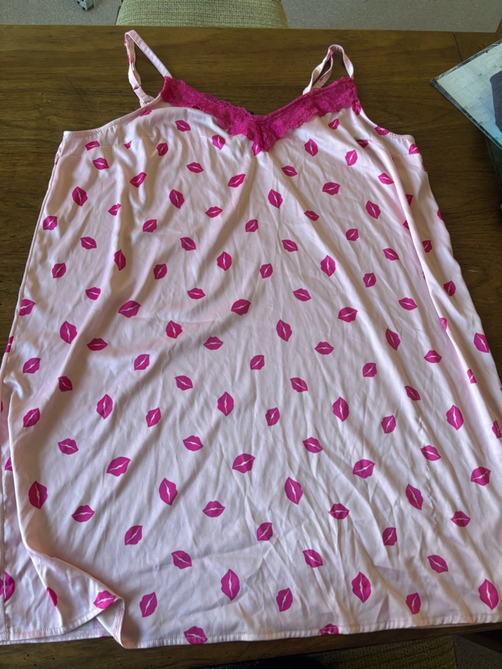 Torrid Pink Lip-Print Lace-Trim Slip Nightgown